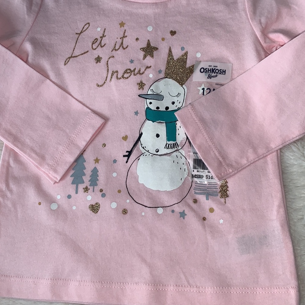 ☃️NWT Pink Oshkosh Snowman Top 12m “Let it Snow” - Picture 4 of 6